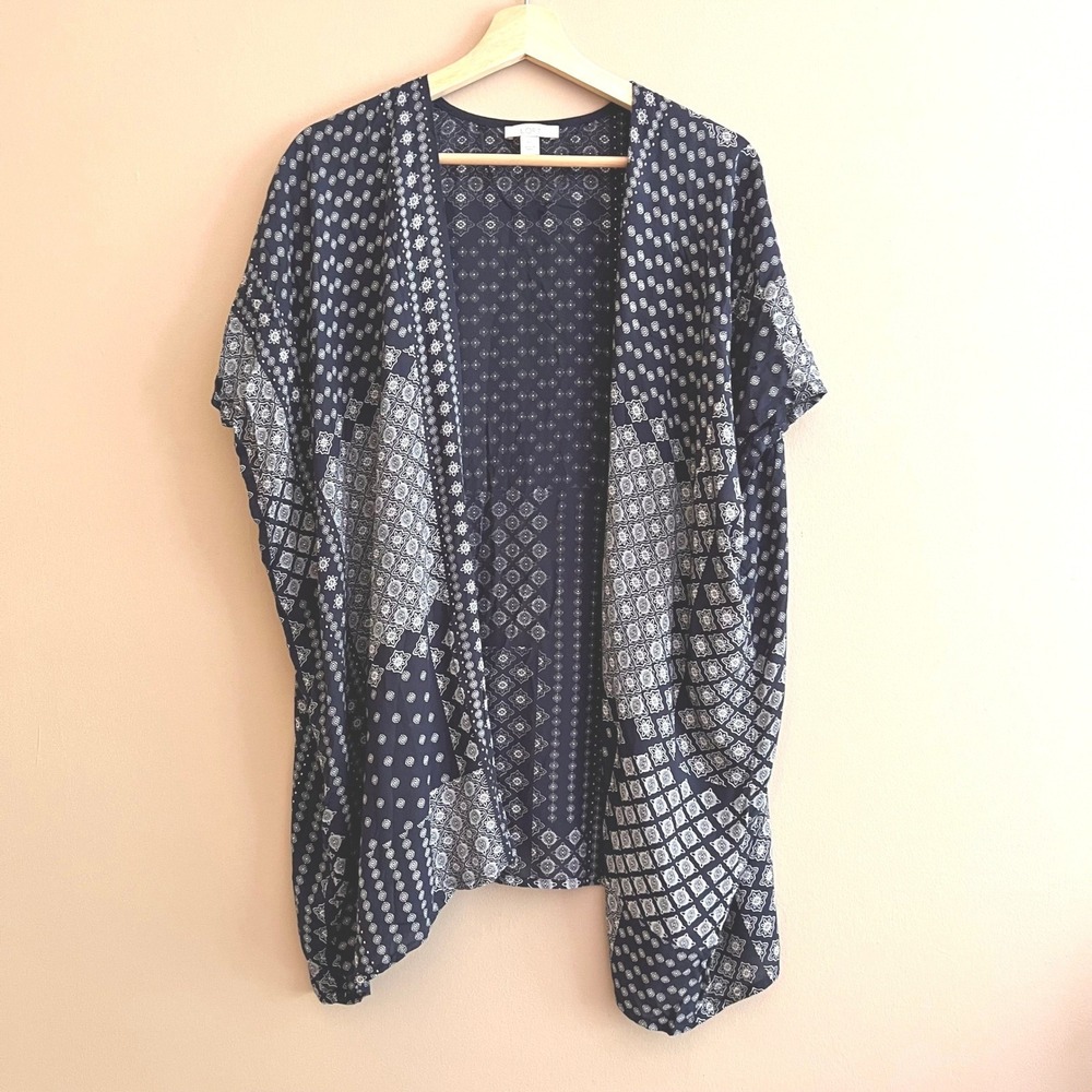 LOFT Navy Blue White Bandana Patchwork Tile Print Kimono Cardigan Open Front M/L - Picture 2 of 9